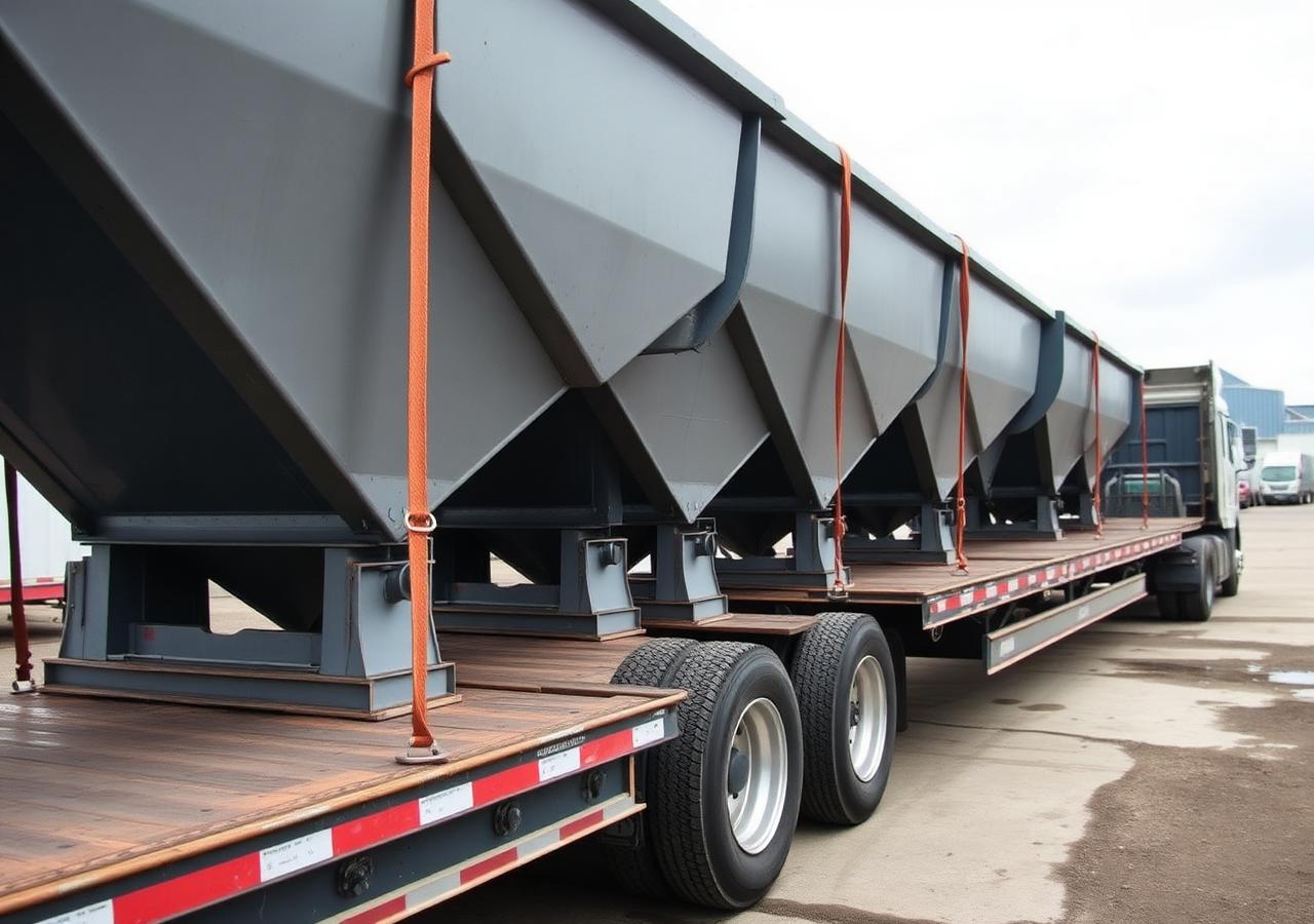 Grey self-dumping hoppers strapped to a flatbed trailer