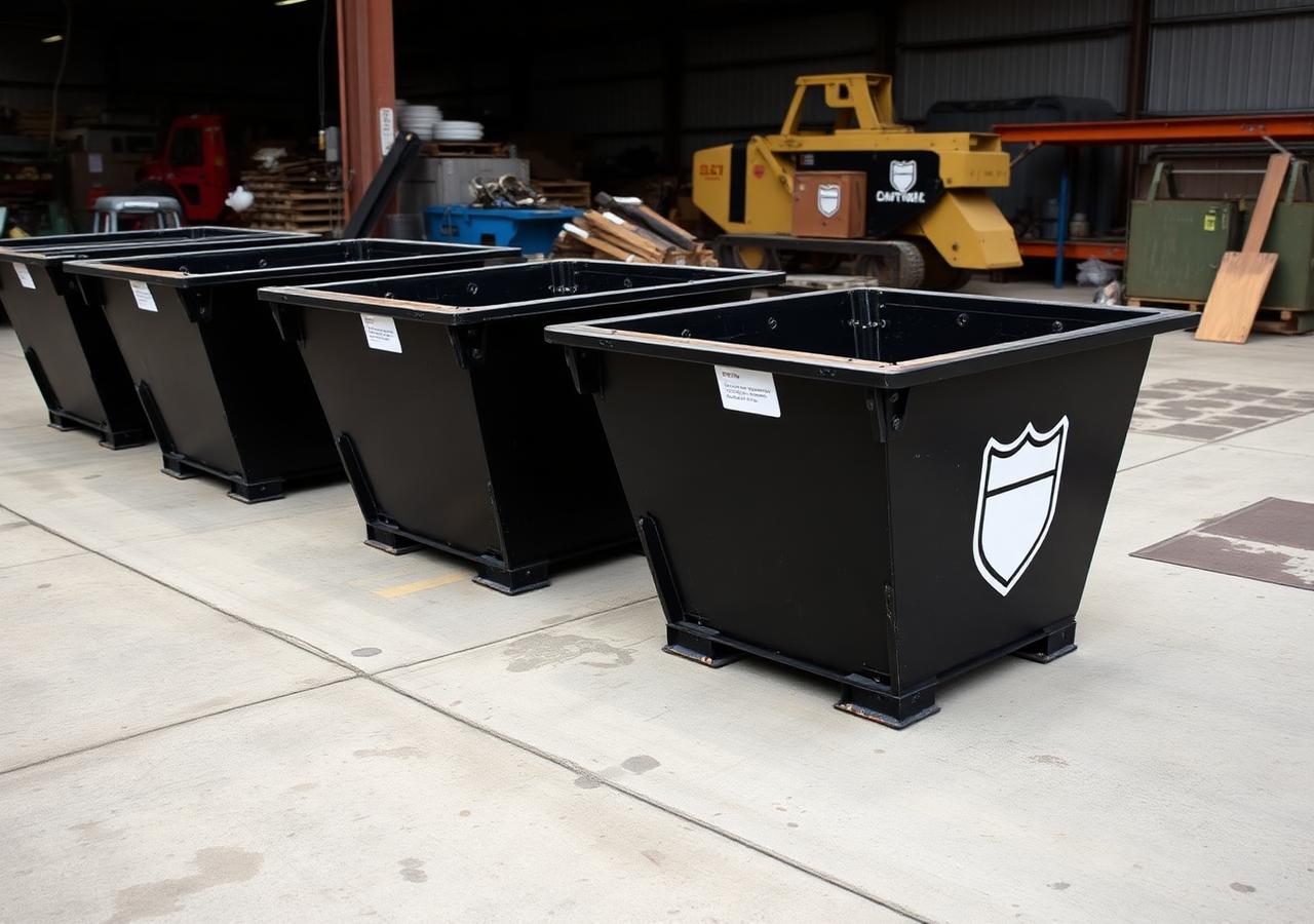 Row of black steel scrap bins with white shield logos