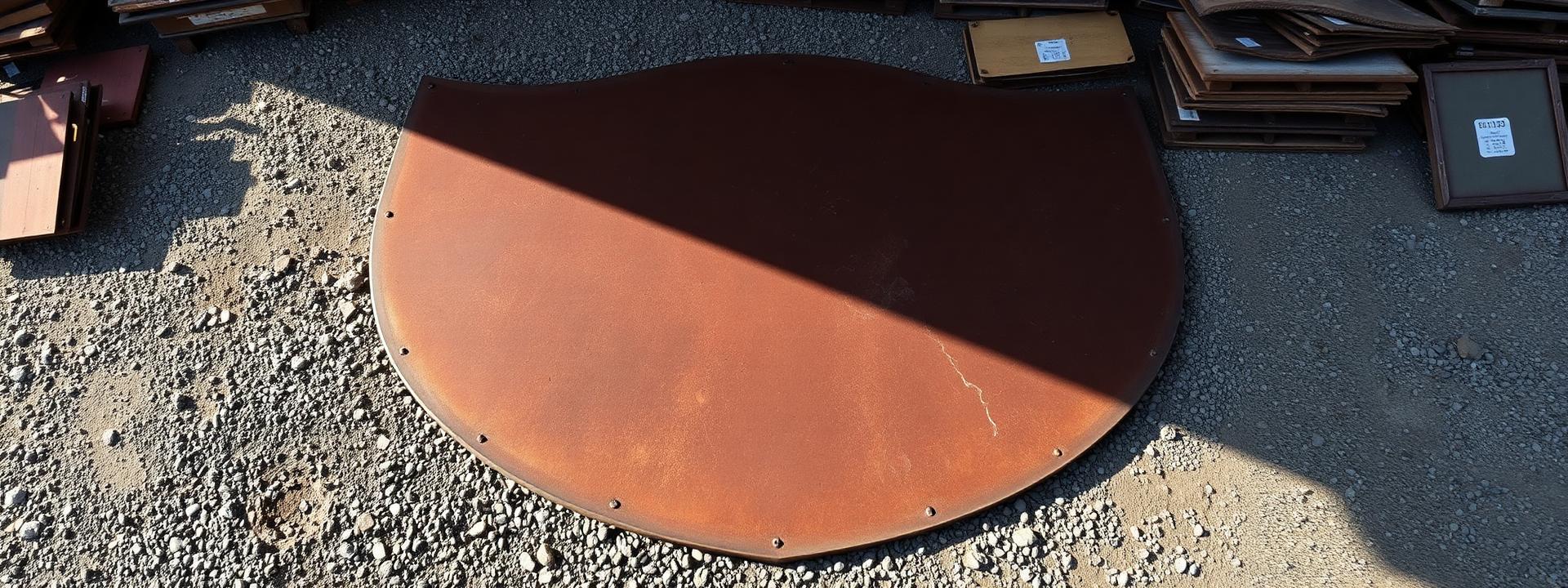 Spartan shield logo cut out of a steel plate lying in the yard